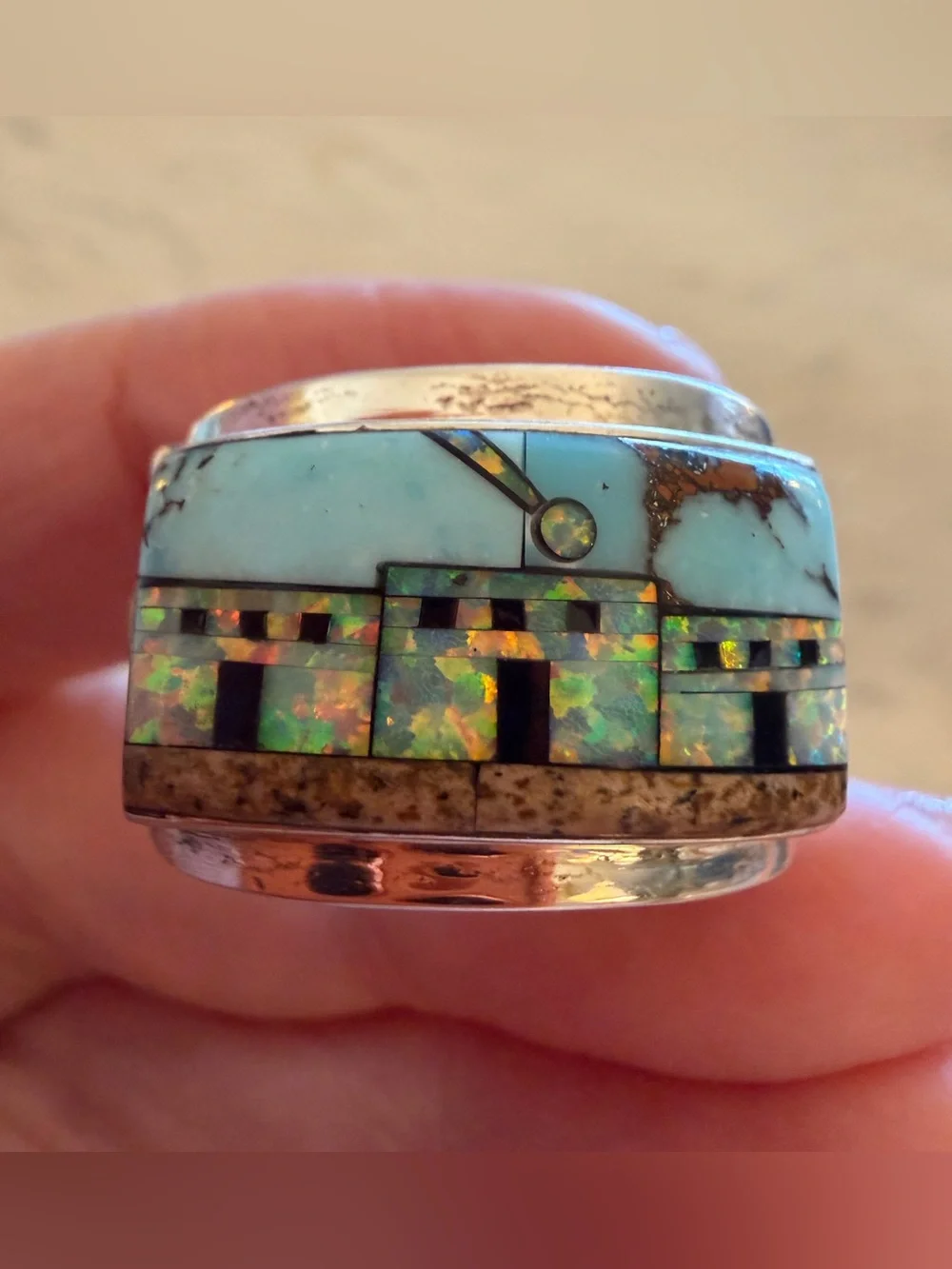 ❤️ Signed Galaxy Micro Inlaid Large Pueblo Scene Sterling Ring Sz 9 Unisex 8.7G - Picture 5 of 17